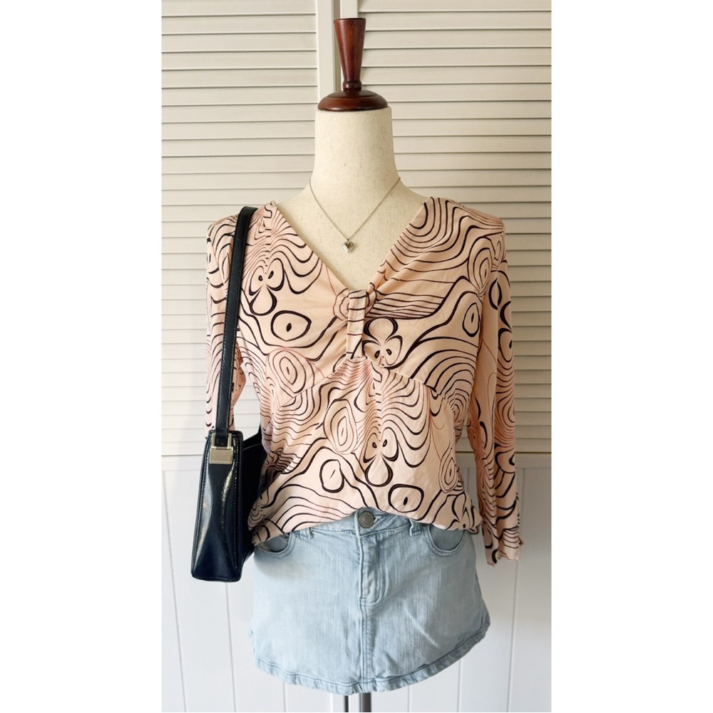 IE Y2K Pink Groovy Patterned Centered Sheer Blouse Top